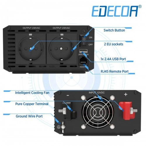 Купить Инвертор преобразователь напряжения Edecoa Spannungswandler 12-230v 1000/2000w чистый синус (пульт дистанционного управления) Купить Инвертор преобразователь напряжения Edecoa Spannungswandler 12-230v 1000/2000w чистый синус (пульт дистанционного управления)